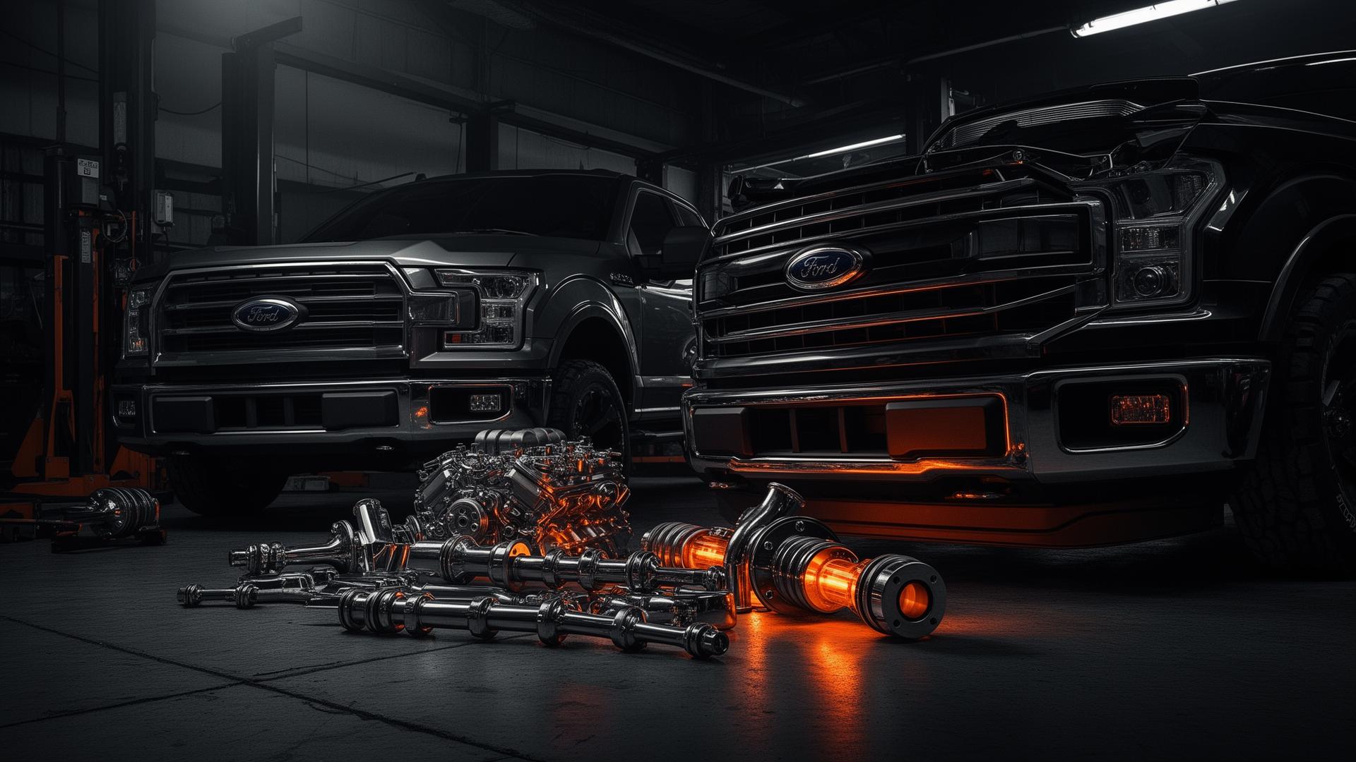 Ford truck with performance parts in a Maneeket workshop